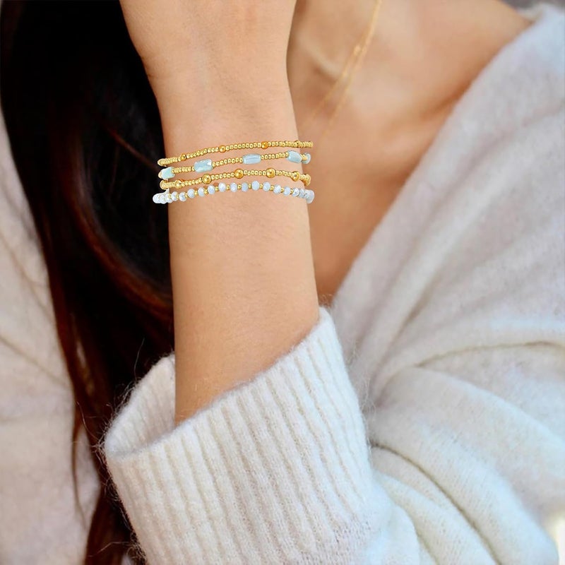 Pymach Store Dainty Gold Plated Pearl Crystal Beaded Bracelets Set for Women 14K Gold Plated Bead Pearl Beads Bracelet Stackable Paperclip Link Chain Bracelets Gold Plated Bracelets for Women Trendy Jewelry - Image 5